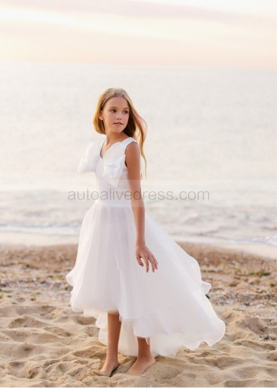 White Organza Big Bow High Low Flower Girl Dress